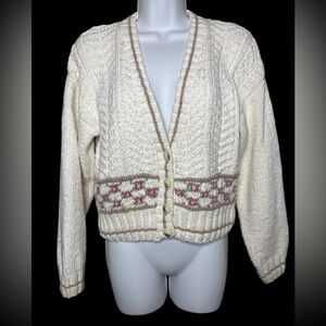 VTG Lizsport Chunky Handknit Cropped Cardigan Women’s Size S Cream Grandmacore